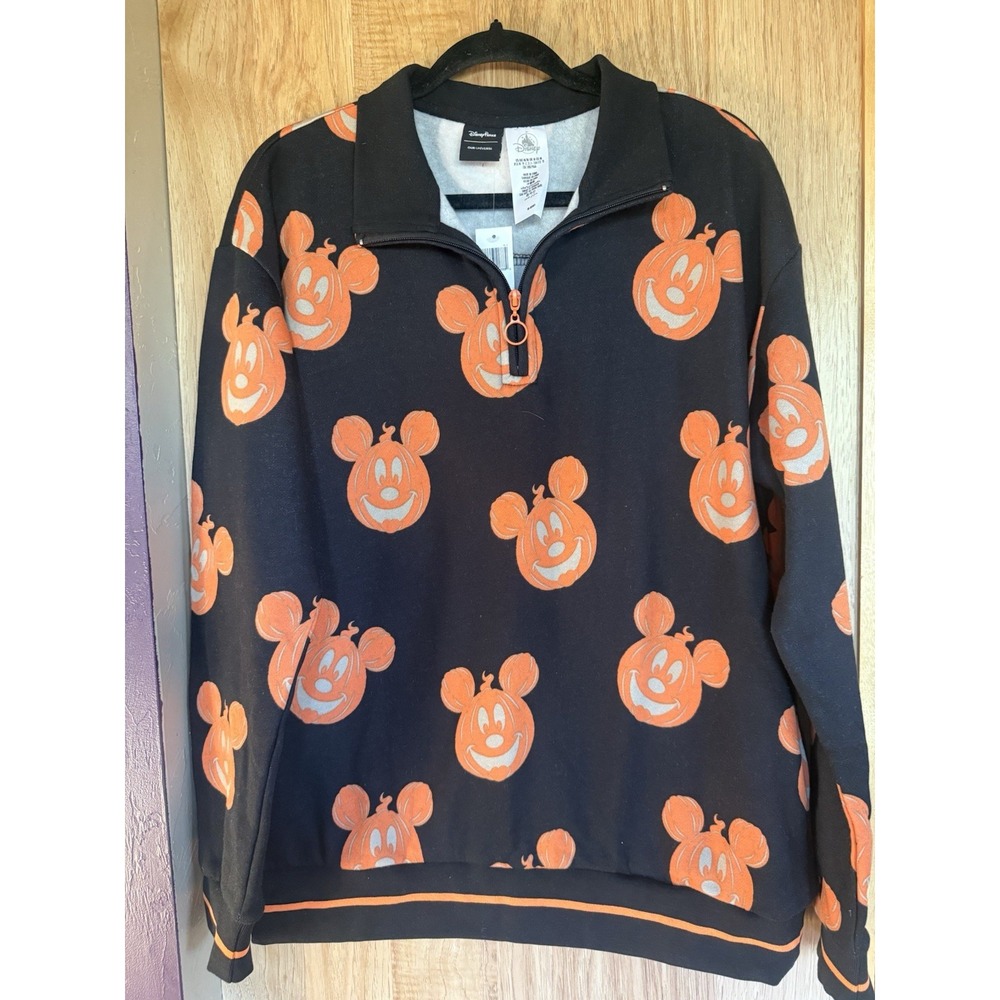 Disney Parks Our Universe Halloween Mickey Pumpkin 1/4 Zip Sweater Medium NWT